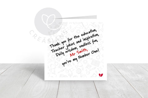 Personalised Rhyming Teacher card - Thank You Teacher card - can be personalised - teacher, Tutor, TA, Coach
