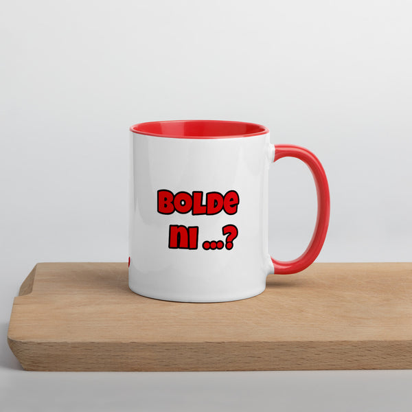 Bolde ni ? white mug with red handle and inner